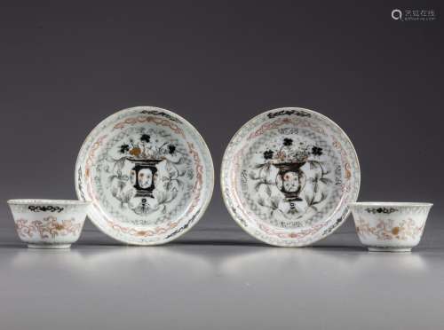 TWO PAIR OF CHINESE GRISAIILE AND ROUGE-DE FER DECORATED CUP...