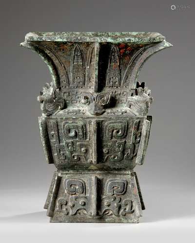 A CHINESE ARCHAIC BRONZE RITUAL WINE VESSEL, FANGZUN, ZHOU S...