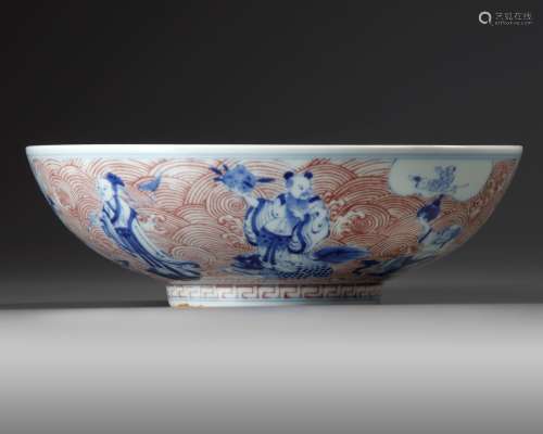 A BLUE AND WHITE, PUCE ENAMEL-DECORATED BOWL DAOGUANG UNDERG...