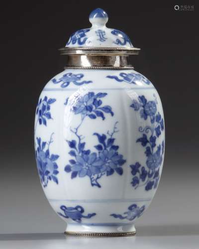 A CHINESE BLUE AND WHITE SILVER MOUNTED LOBBED JAR, KANGXI (...