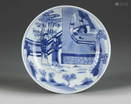 A CHINESE BLUE AND WHITE 'ROMANCE OF THE WESTERN CHAMBER' DI...