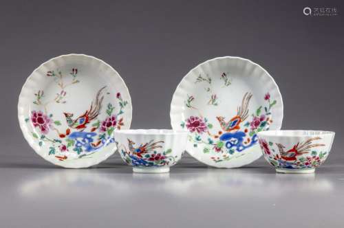 TWO PAIRS OF CHINESE FAMILIE ROSE CUPS AND SAUCERS, 18TH CEN...