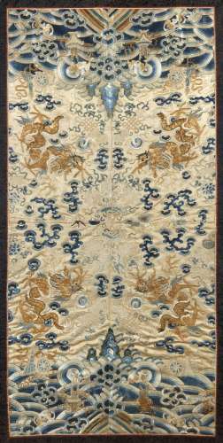 A CHINESE EMBROIDERED SILK GOLD THREAD DRAGON PANEL, 19TH CE...