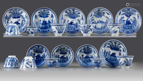A SET OF TEN CHINESE BLUE AND WHITE CUPS AND NINE SAUCERS, K...