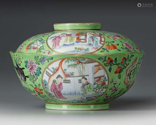 A FAMILLE ROSE GREEN-GROUND BOWL AND COVER DAOGUANG SIX-CHAR...