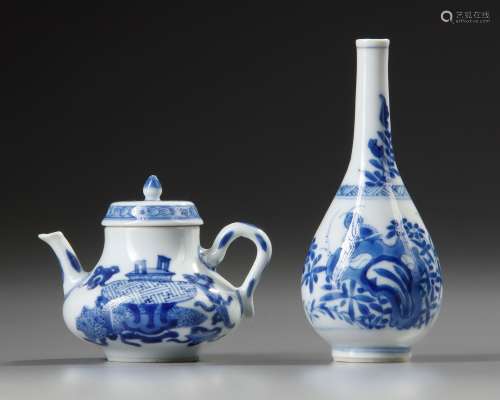 A SMALL CHINESE BLUE AND WHITE VASE AND TEAPOT WITH COVER, K...