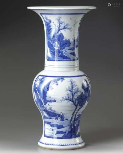A CHINESE PORCELAIN BLUE AND WHiTE YEN YEN VASE, QING DYNAST...