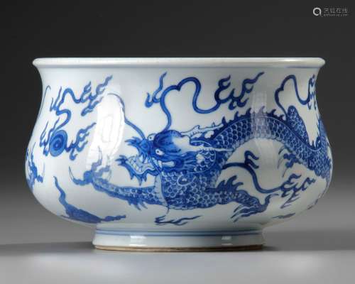 A CHINESE BLUE AND WHITE 'DRAGON' INCENSE BURNER, 19TH CENTU...