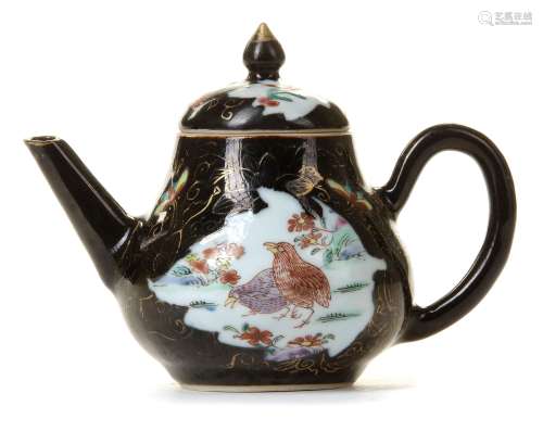 A CHINESE DARK-GROUND FAMILLE ROSE TEAPOT AND COVER, YONGZHE...