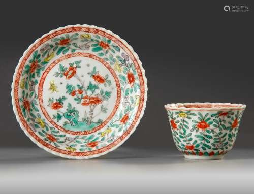 A CHINESE FAMILIE VERTE FOLIATE CUP AND SAUCER, KANGXI PERIO...