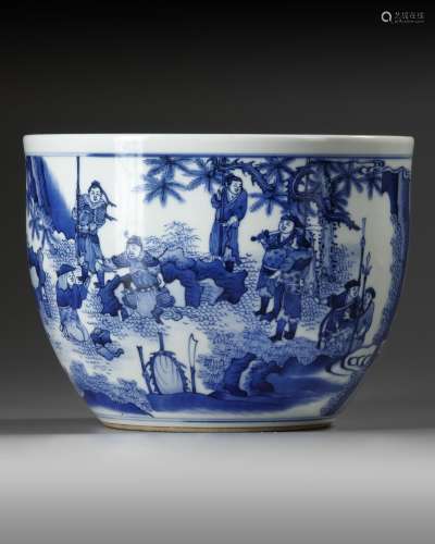 A BLUE AND WHITE ‘FIGURAL’ SCROLL POT, QING DYNASTY (1644-19...