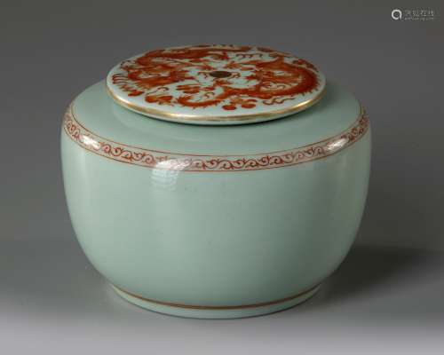 A CHINESE CELADON GLAZED DECORATED DRAGON' WATERPOT WITH COV...