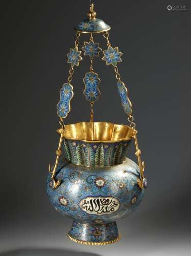 A MOSQUE LAMP, BRONZE WITH CLOISONNÉ ENAMEL DECORATION, CHIN...