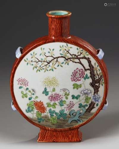 A CHINESE FAMILLE ROSE FAUX-BOIS MOON FLASK, CHINA, REPUBLIC...
