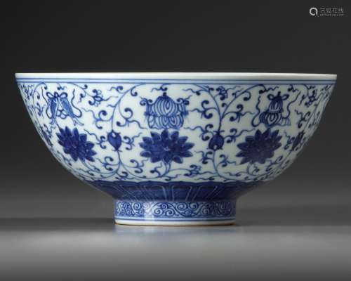 A BLUE AND WHITE 'LOTUS AND BAJIXIANG' BOWL, QING DYNASTY (1...