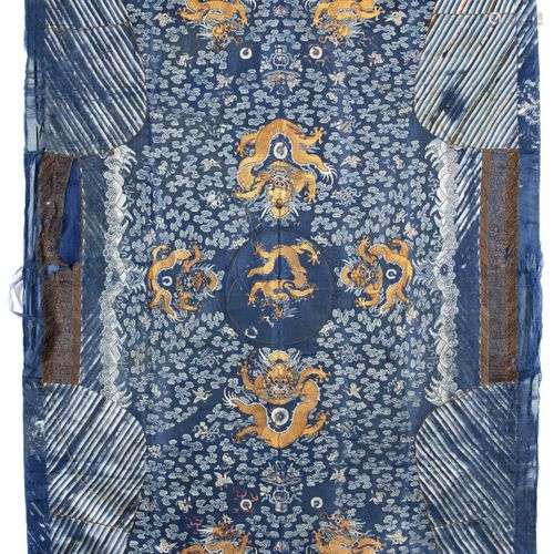 AN UNCUT EMBROIDERED SILK BLUE-GROUND ROBE,, 19TH CENTURY