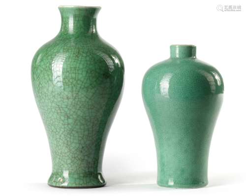 TWO CHINESE GREEN CRACKLE-GLAZED MEIPING VASES, 19TH AND 20T...