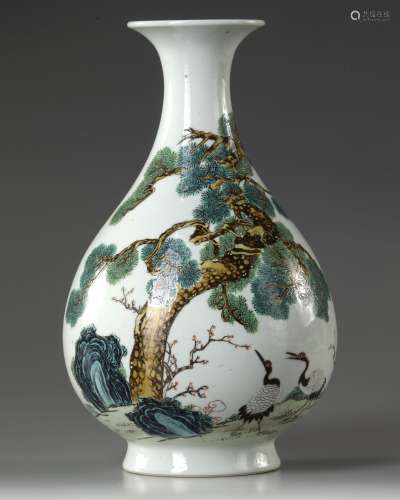 A CHINESE VASE DECORATED WITH CRANES, FLOWERS BELOW A PINE T...