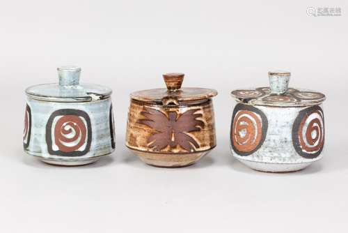 Briglin Pottery; three tin glazed earthenware preserve jars ...