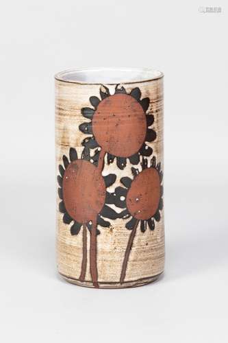 Briglin Pottery; a tall cylindrical tin glazed earthenware v...