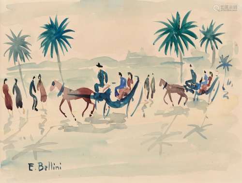 Emmanuel BELLINI 1904-1989 LES CALÈCHES Gouache sur papier s...