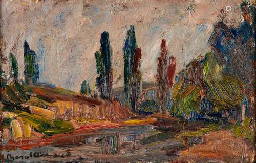 Marcel ARNAUD 1877-1956 PAYSAGE AUX CYPRÈS Huile sur carton ...