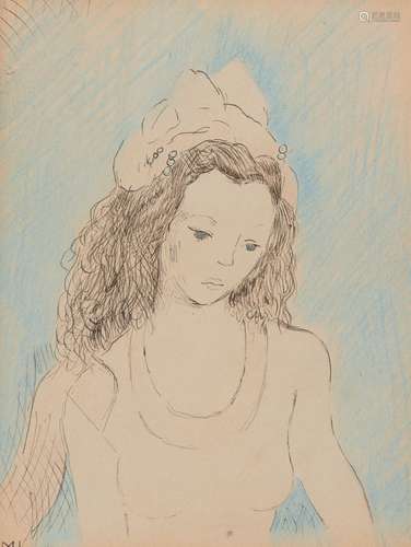 Marie LAURENCIN 1883-1956 JEUNE FEMME AU CHAPEAU Crayon bleu...