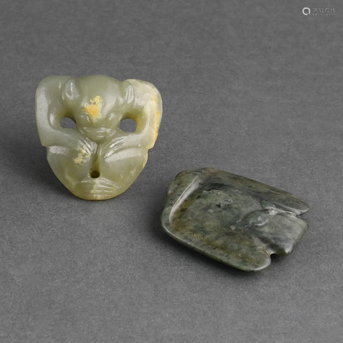 TWO CELADON JADE AMULETS