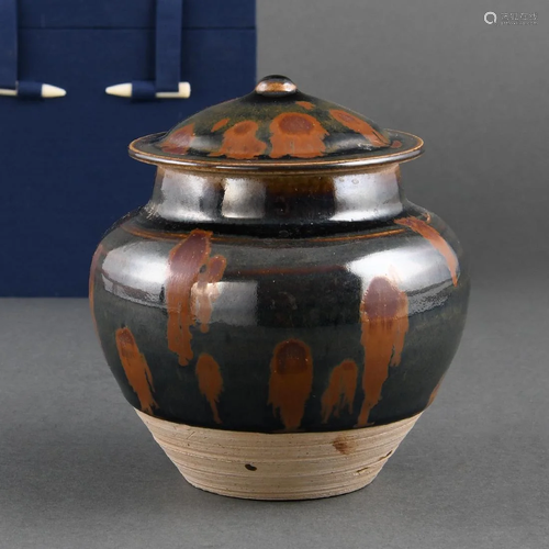 A CIZHOU RUSSET-SPLASHED JAR AND COVER