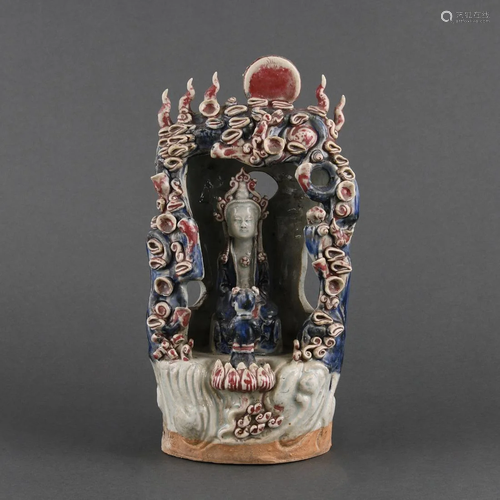 AN UNDERGLAZE BLUE AND COPPER-RED GUANYIN