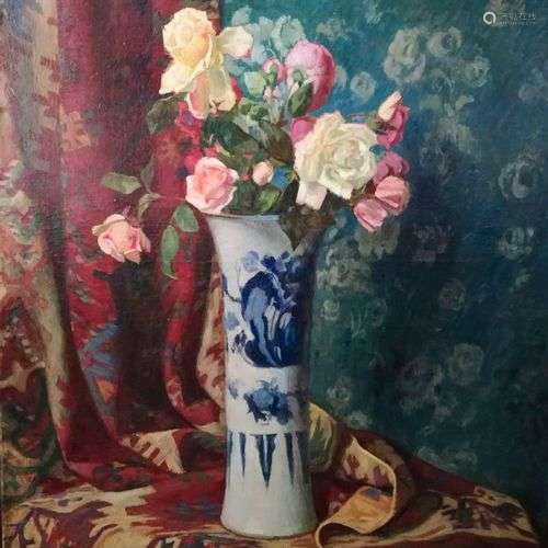 Georges Daniel DE MONFREID 1856-1929 VASE DE ROSES DEVANT LE...