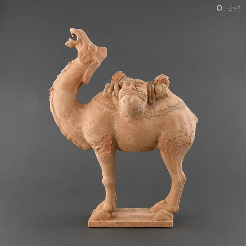 A PAINTED RED POTTERY CAMEL