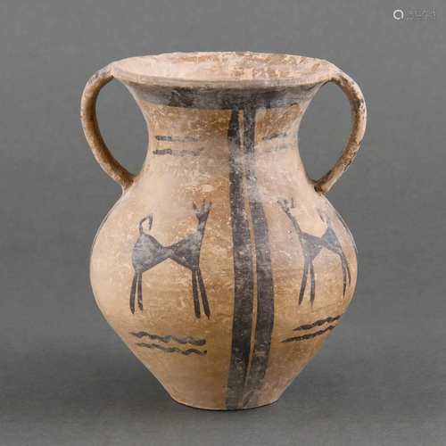 A FINELY PAINTED POTTERY HANDLED EWER