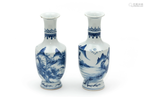 A Pair of Blue and White Landscape Vases with Kangxi