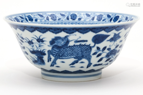 A Blue and White Qilin and Floral Bowl