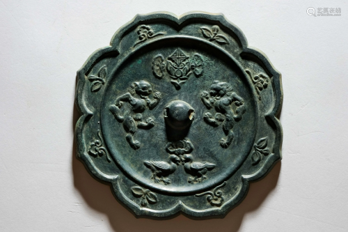 A Double Lion and Floral Bronze Mirror