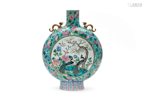 A Famille Rose Floral and Bid Moonflask Vase with Wanli