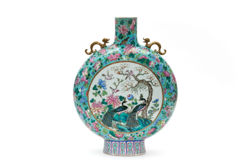 A Famille Rose Floral and Bid Moonflask Vase with Wanli