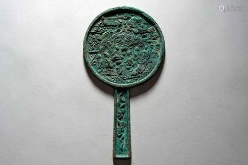 A Figural Storied Bronze Mirror with Long Handle