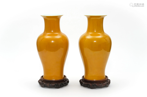A Pair of Yellow Glazed Guanyin Vases
