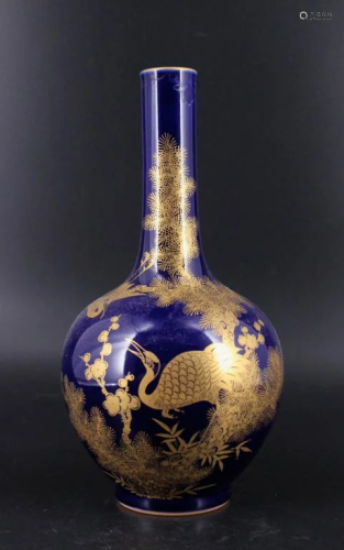 Qing Porcelain Blue Vase with Gold Gilted Crane