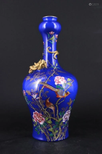 Qing Porcelain Blue Glazed Famille Rose Vase