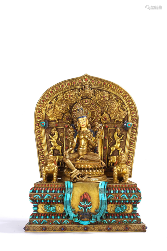 Fine Tibetan Gilt Bronze Figural Group of Tara & Lions