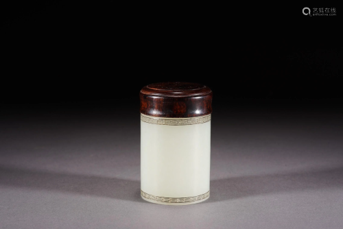 Chinese White Jade Cylinder Jar and Rosewood Cover