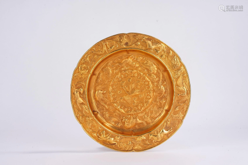 Chinese Gilt Bronze 'Phoenix' Repousse Dish