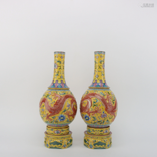 A Pair of Iron-red Famille Rose Vases