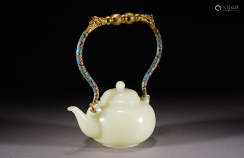 Chinese Nephrite White Jade Teapot w/ Cloisonne Enamel