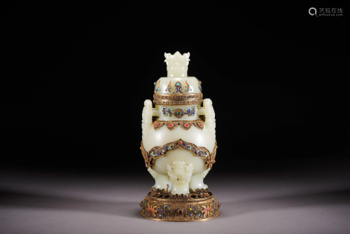 Chinese White Jade Silver Filigree Inlaid Tripod Vase