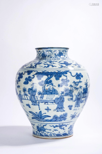 Large Chinese Blue and White Figures Jar