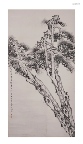Chinese Ink on Paper Pines Painting, Wang Mengbai
